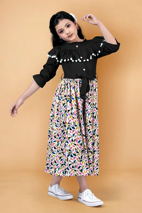 Black_Crepe_Printed_Calf_Length_Dress_For_Girls