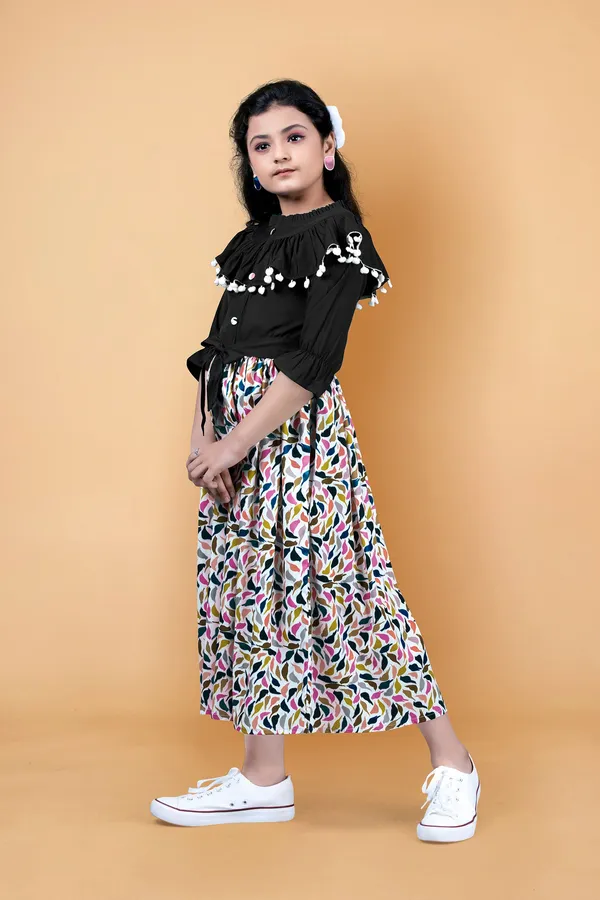 Black_Crepe_Printed_Calf_Length_Dress_For_Girls