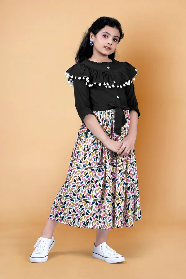 Black_Crepe_Printed_Calf_Length_Dress_For_Girls