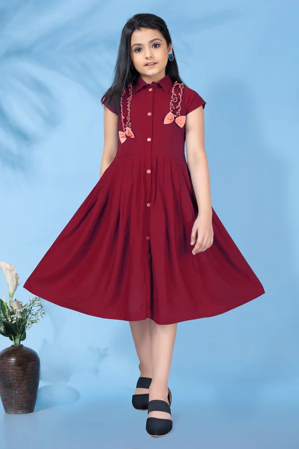 Maroon_Biscuit_Cotton_Slub_Front_Fastening_Fit_And_Flare_Knee_Length_Dress_For_Girls