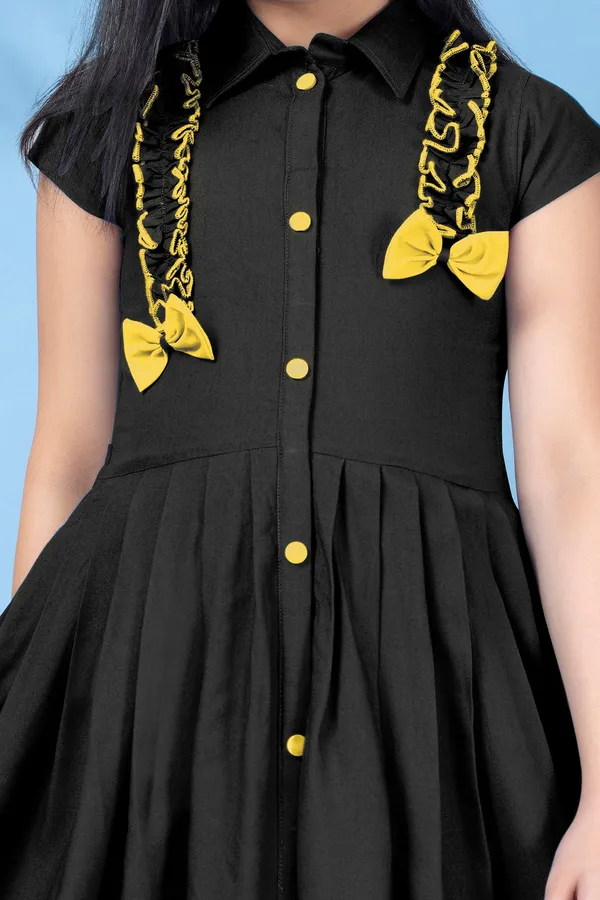 Black_Biscuit_Cotton_Slub_Front_Fastening_Fit_And_Flare_Knee_Length_Dress_For_Girls