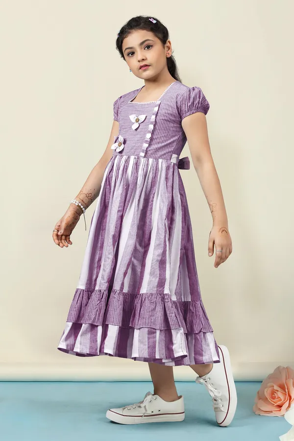 Purple_Cotton_Stripe_Printed_Fit_&_Flare_Calf_Length_Dress_For_Girls