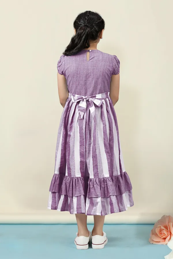 Purple_Cotton_Stripe_Printed_Fit_&_Flare_Calf_Length_Dress_For_Girls