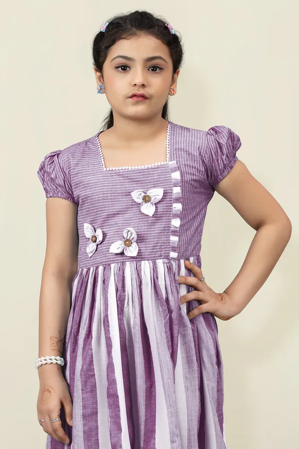 Purple_Cotton_Stripe_Printed_Fit_&_Flare_Calf_Length_Dress_For_Girls