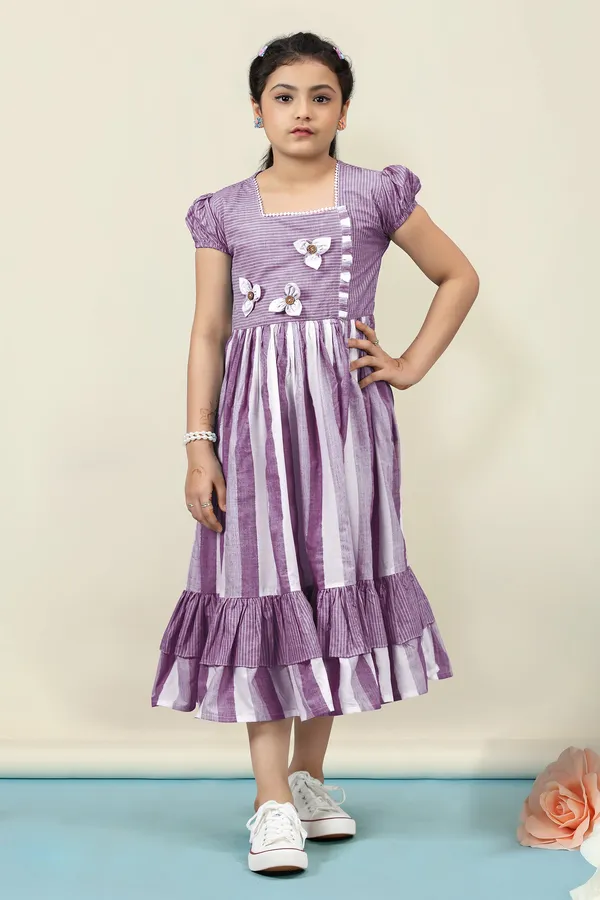 Purple_Cotton_Stripe_Printed_Fit_&_Flare_Calf_Length_Dress_For_Girls
