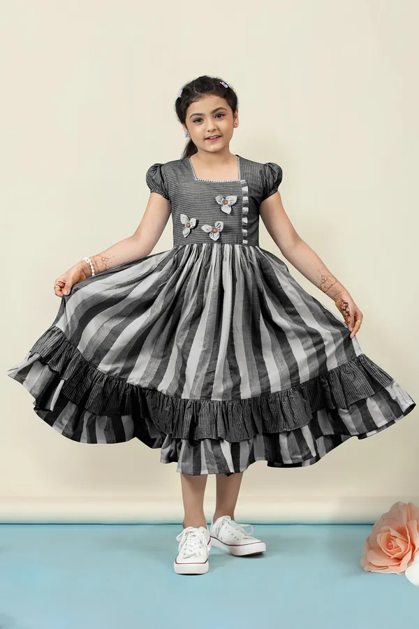 Black_Cotton_Stripe_Printed_Fit_&_Flare_Calf_Length_Dress_For_Girls