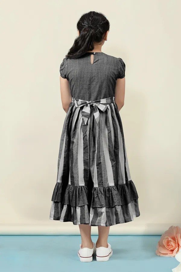 Black_Cotton_Stripe_Printed_Fit_&_Flare_Calf_Length_Dress_For_Girls