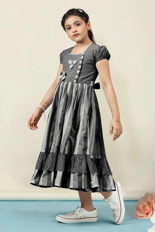 Black_Cotton_Stripe_Printed_Fit_&_Flare_Calf_Length_Dress_For_Girls