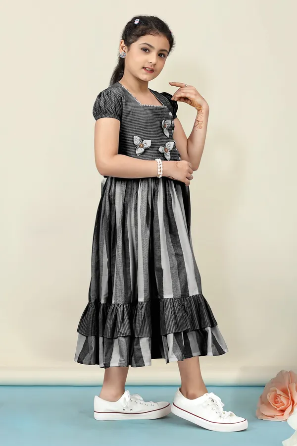 Black_Cotton_Stripe_Printed_Fit_&_Flare_Calf_Length_Dress_For_Girls