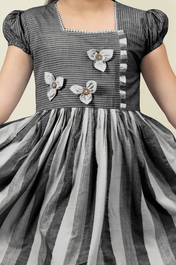 Black_Cotton_Stripe_Printed_Fit_&_Flare_Calf_Length_Dress_For_Girls