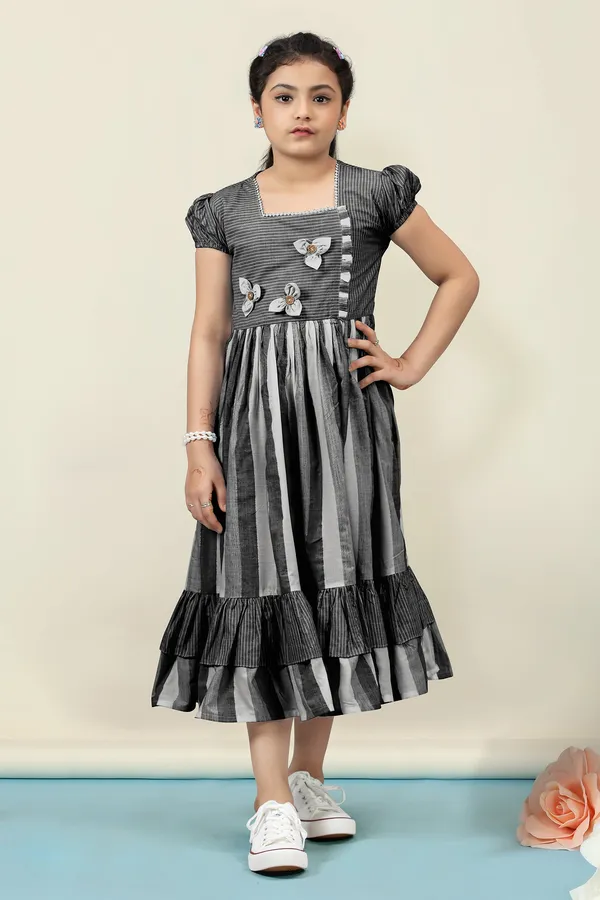 Black_Cotton_Stripe_Printed_Fit_&_Flare_Calf_Length_Dress_For_Girls