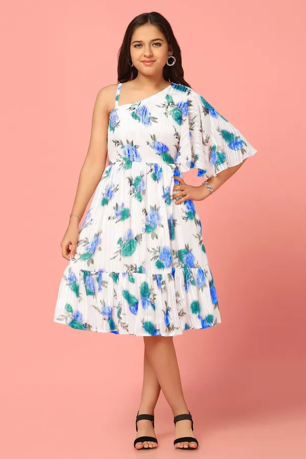 White_Georgette_Floral_Printed_Fit_&_Flare_Knee_Length_Dress_For_Girls