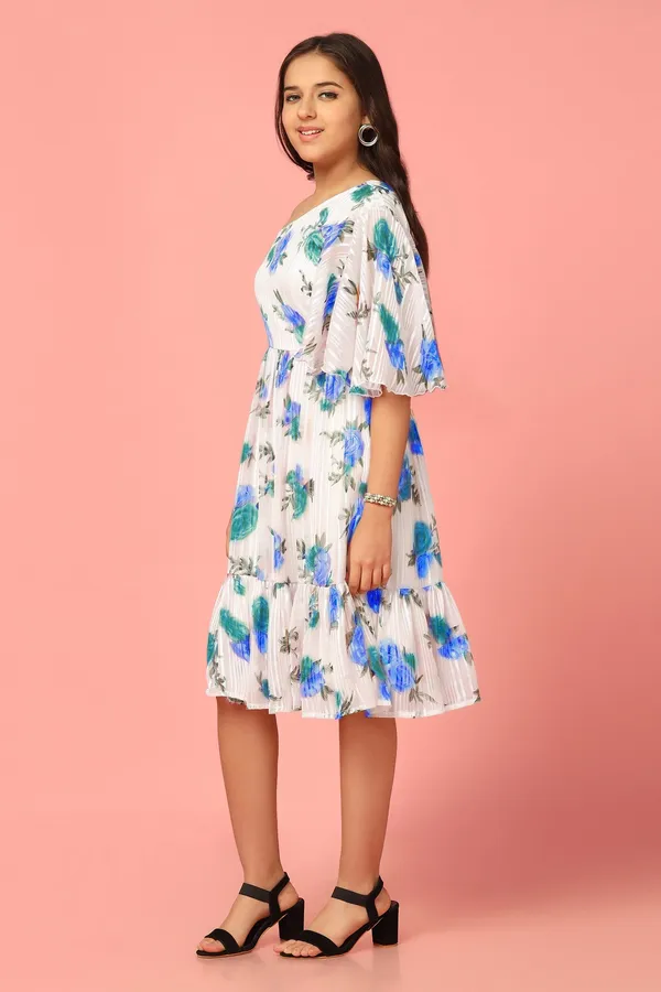 White_Georgette_Floral_Printed_Fit_&_Flare_Knee_Length_Dress_For_Girls