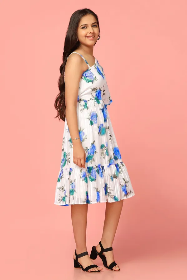 White_Georgette_Floral_Printed_Fit_&_Flare_Knee_Length_Dress_For_Girls