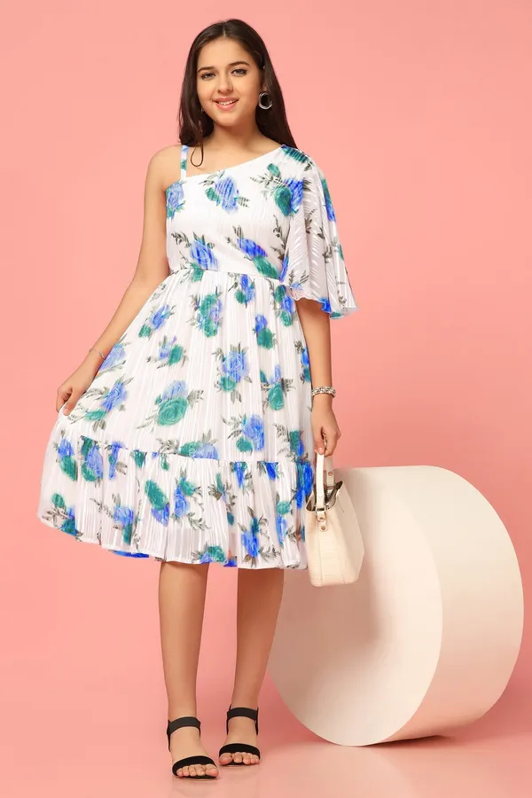 White_Georgette_Floral_Printed_Fit_&_Flare_Knee_Length_Dress_For_Girls