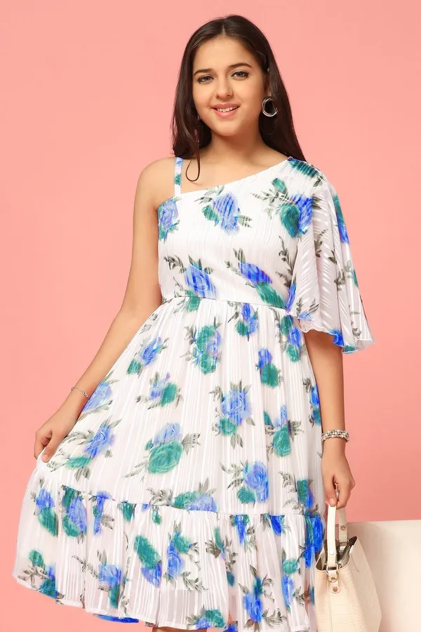 White_Georgette_Floral_Printed_Fit_&_Flare_Knee_Length_Dress_For_Girls