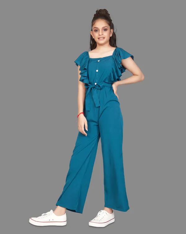 Blue_Front_Button_Ruffle_Pattern_Maxi_Jumpsuit_For_Girls