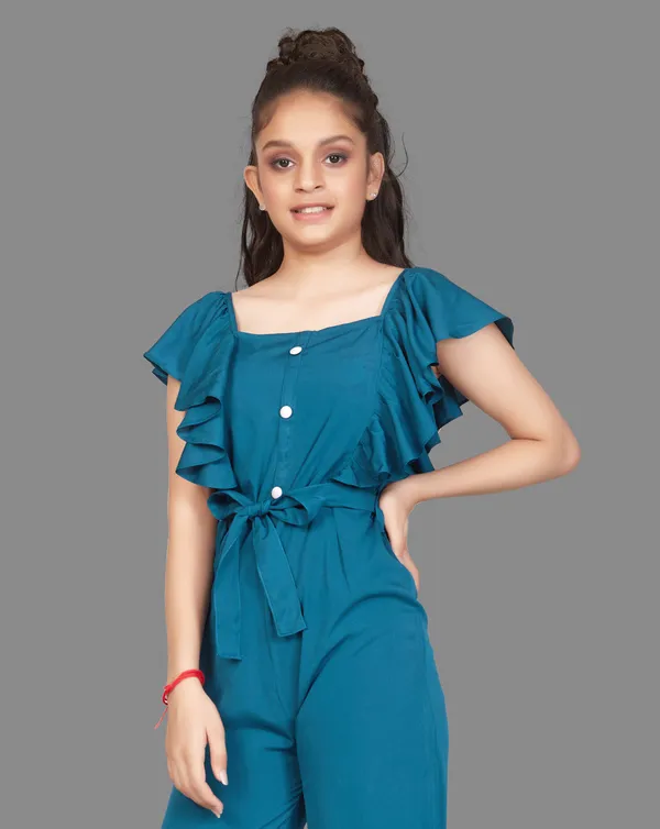 Blue_Front_Button_Ruffle_Pattern_Maxi_Jumpsuit_For_Girls
