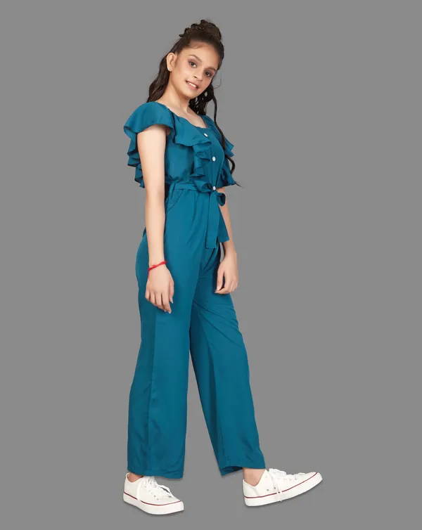 Blue_Front_Button_Ruffle_Pattern_Maxi_Jumpsuit_For_Girls