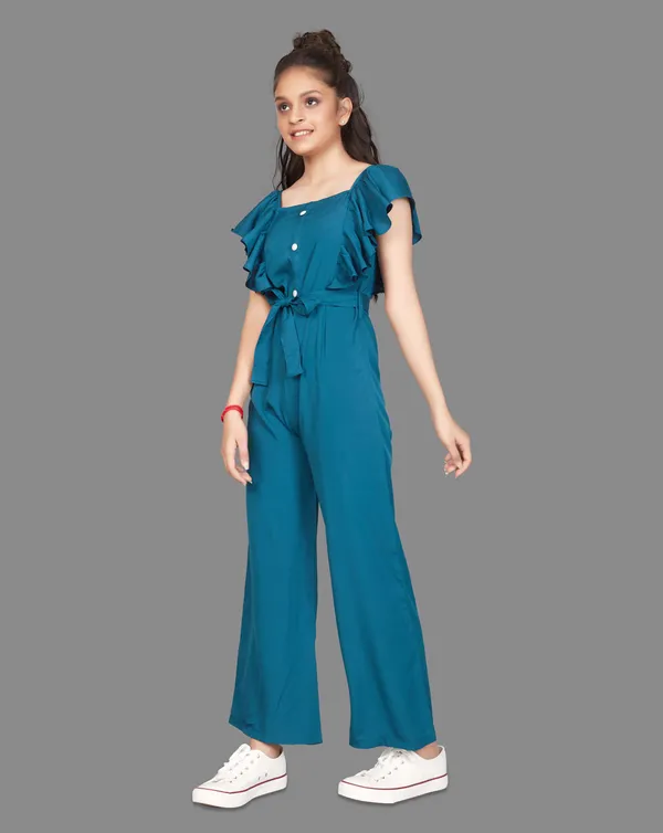 Blue_Front_Button_Ruffle_Pattern_Maxi_Jumpsuit_For_Girls