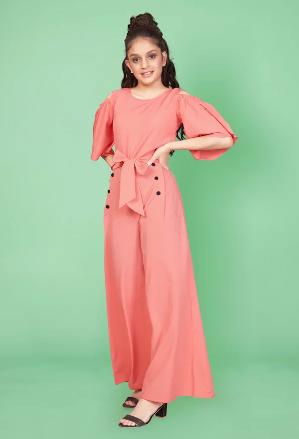Peach_Cold_Shoulder_Flutter_Sleeve_Double_Breasted_Jumpsuit_For_Girls
