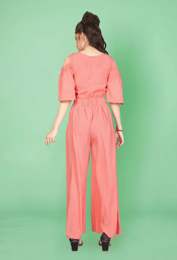 Peach_Cold_Shoulder_Flutter_Sleeve_Double_Breasted_Jumpsuit_For_Girls