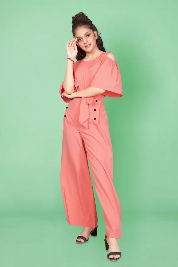 Peach_Cold_Shoulder_Flutter_Sleeve_Double_Breasted_Jumpsuit_For_Girls