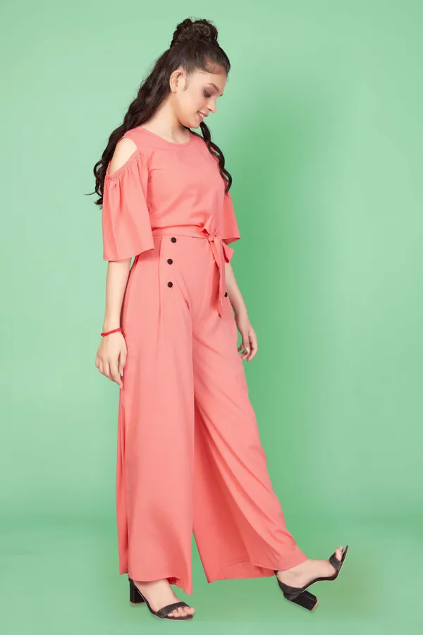 Peach_Cold_Shoulder_Flutter_Sleeve_Double_Breasted_Jumpsuit_For_Girls
