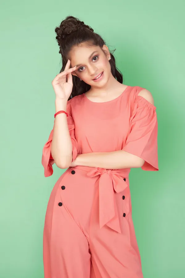 Peach_Cold_Shoulder_Flutter_Sleeve_Double_Breasted_Jumpsuit_For_Girls