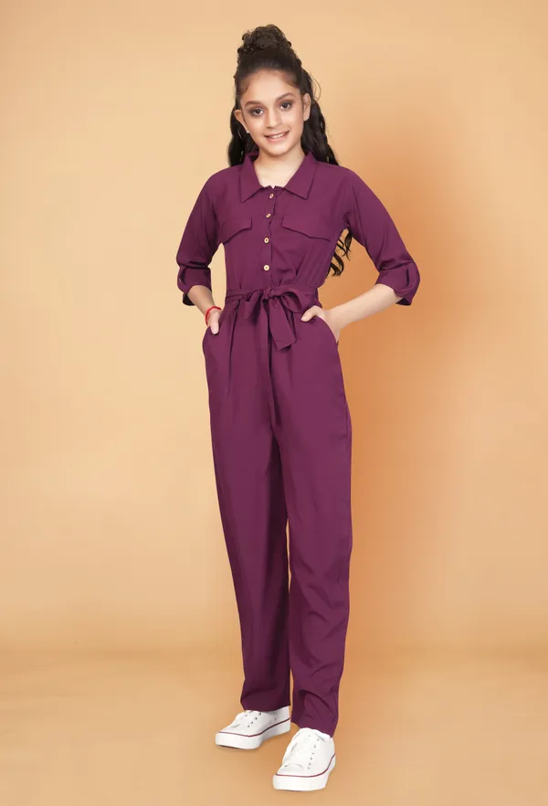 Wine_Front_Button_Flap_Pocket_Belted_Jumpsuit_For_Girls