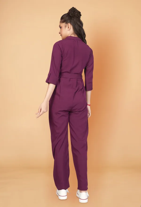 Wine_Front_Button_Flap_Pocket_Belted_Jumpsuit_For_Girls