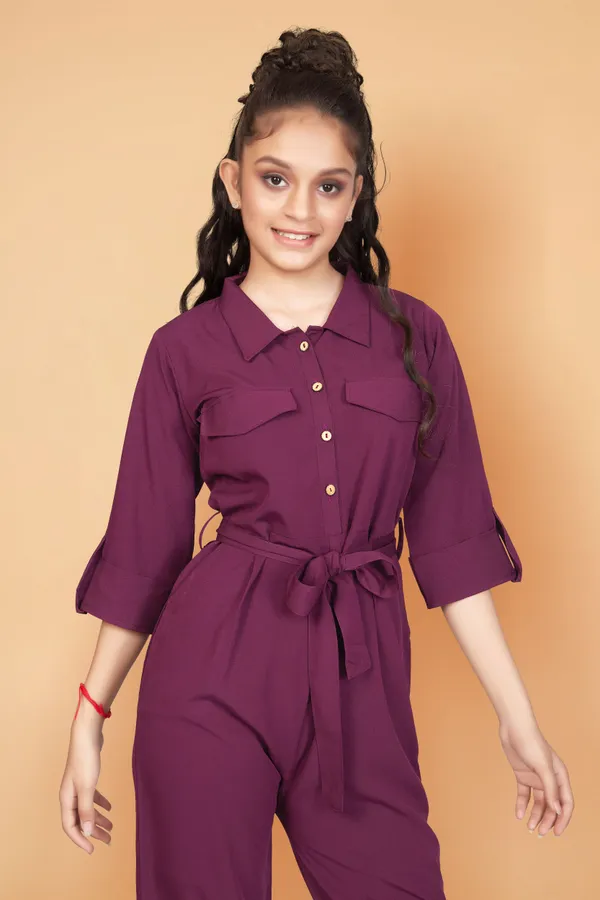 Wine_Front_Button_Flap_Pocket_Belted_Jumpsuit_For_Girls