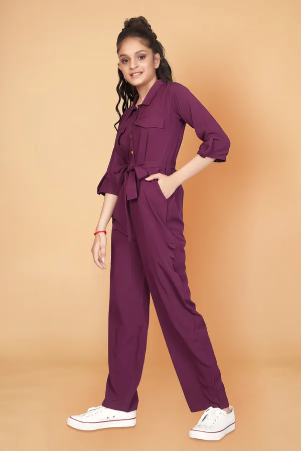 Wine_Front_Button_Flap_Pocket_Belted_Jumpsuit_For_Girls