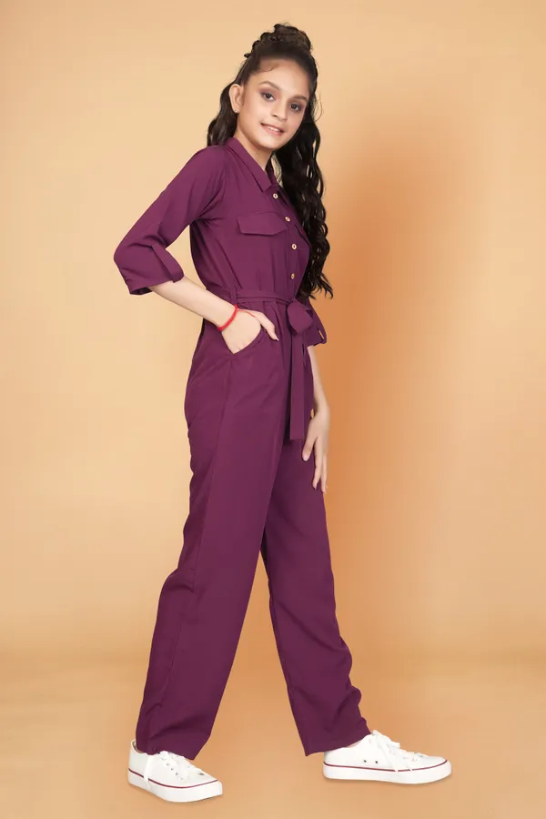 Wine_Front_Button_Flap_Pocket_Belted_Jumpsuit_For_Girls