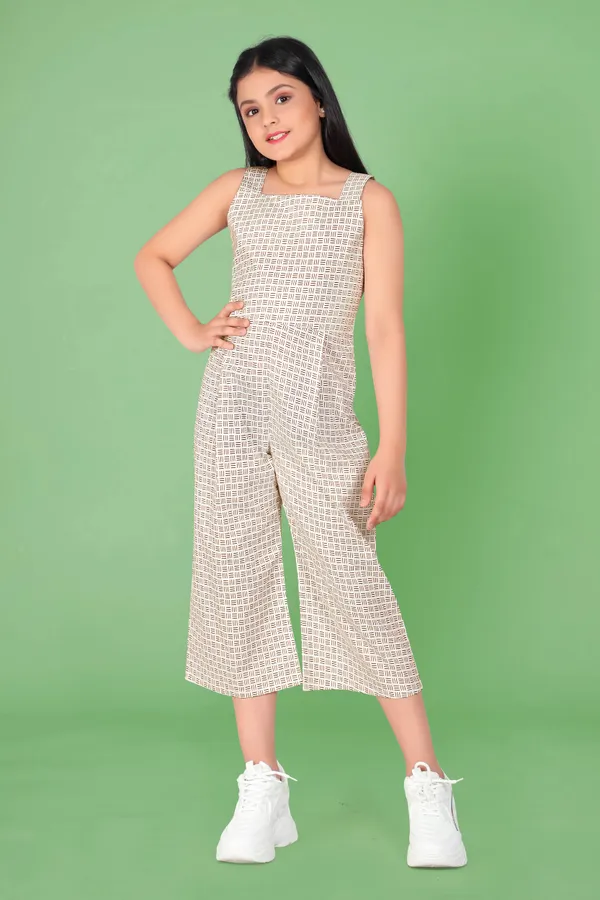 White_Casual_Pure_Cotton_Geometric_Print_Capri_Jumpsuit_For_Girls