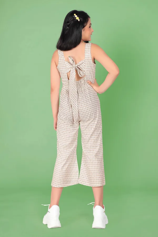 White_Casual_Pure_Cotton_Geometric_Print_Capri_Jumpsuit_For_Girls