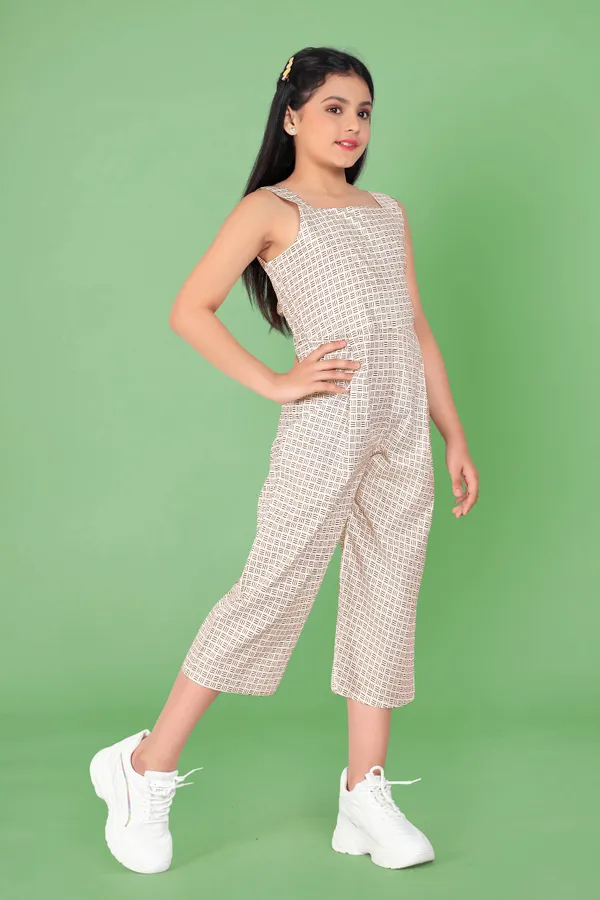 White_Casual_Pure_Cotton_Geometric_Print_Capri_Jumpsuit_For_Girls