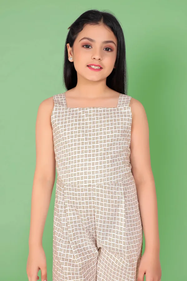 White_Casual_Pure_Cotton_Geometric_Print_Capri_Jumpsuit_For_Girls