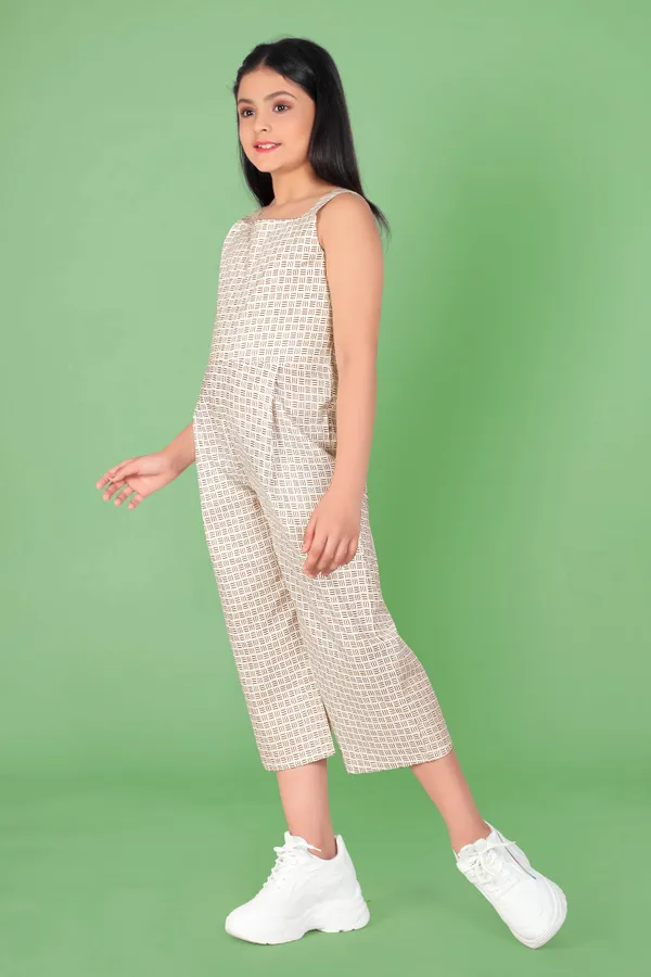 White_Casual_Pure_Cotton_Geometric_Print_Capri_Jumpsuit_For_Girls