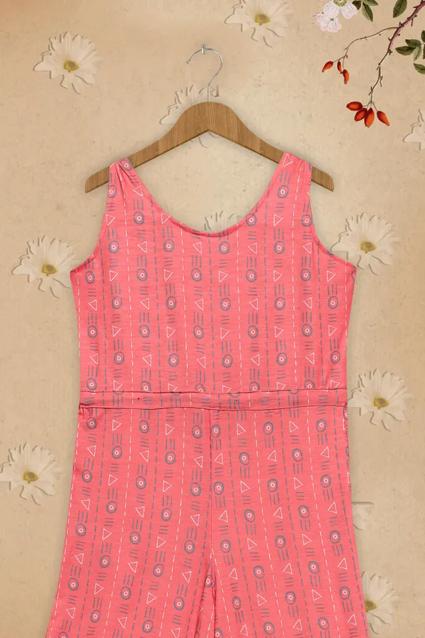 Peach_Cotton_Lycra_Geometric_Print_Capri_Jumpsuit_For_Girls