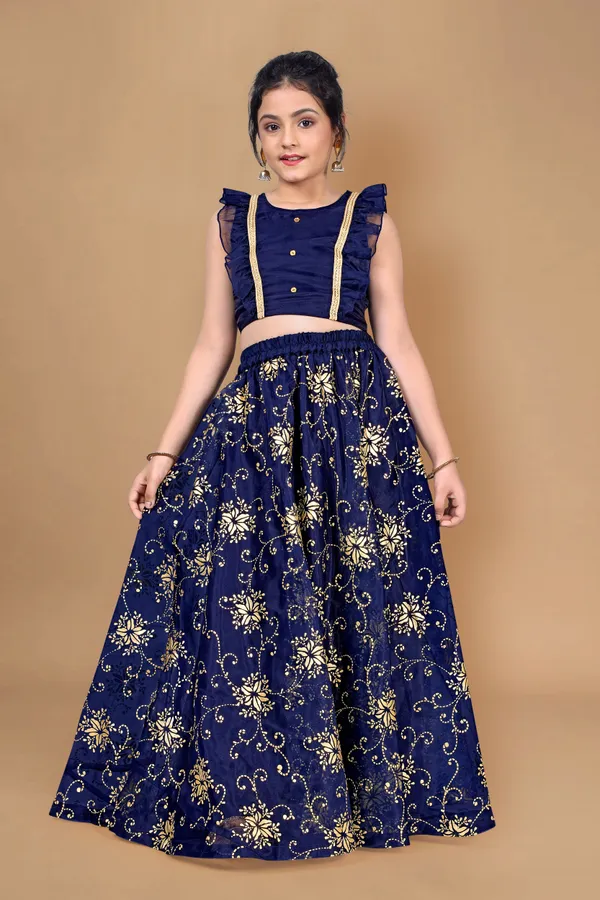 Navy_Blue_Organza_Lather_Foil_Printed_Readymade_Lehenga_Choli_For_Girls