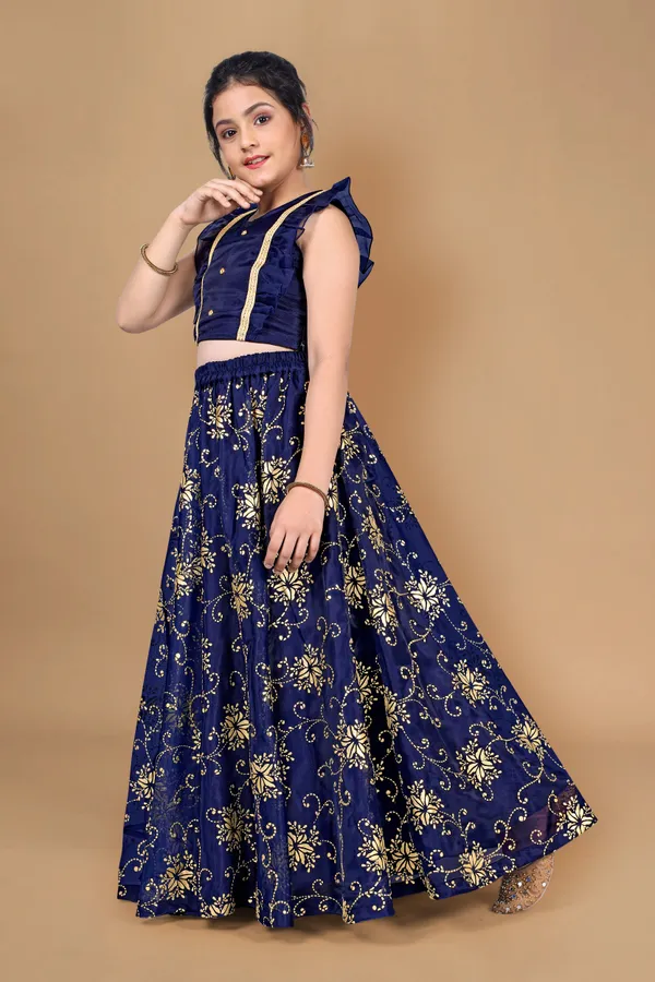 Navy_Blue_Organza_Lather_Foil_Printed_Readymade_Lehenga_Choli_For_Girls
