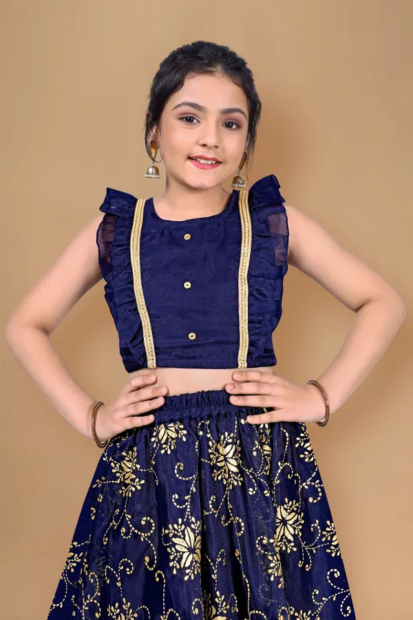 Navy_Blue_Organza_Lather_Foil_Printed_Readymade_Lehenga_Choli_For_Girls