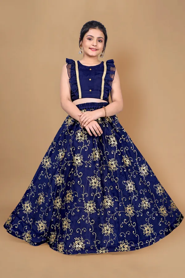 Navy_Blue_Organza_Lather_Foil_Printed_Readymade_Lehenga_Choli_For_Girls