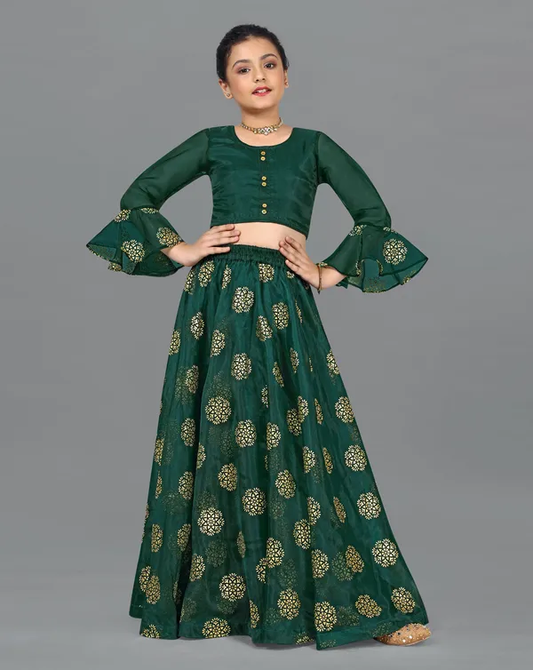Bottle_Green_Organza_Lather_Foil_Printed_Readymade_Lehenga_Choli_For_Girls
