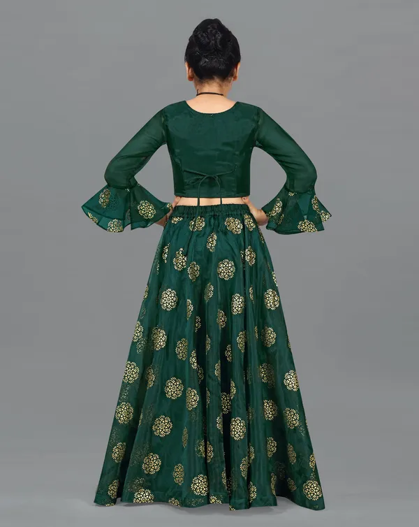 Bottle_Green_Organza_Lather_Foil_Printed_Readymade_Lehenga_Choli_For_Girls