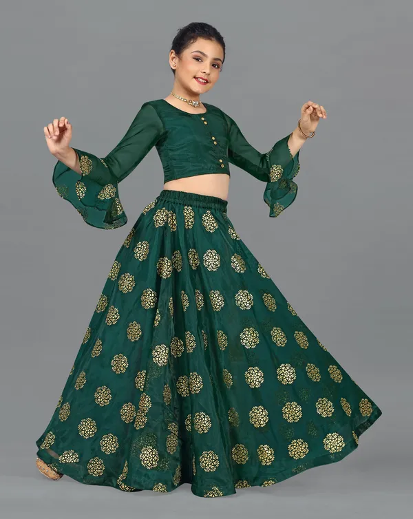Bottle_Green_Organza_Lather_Foil_Printed_Readymade_Lehenga_Choli_For_Girls
