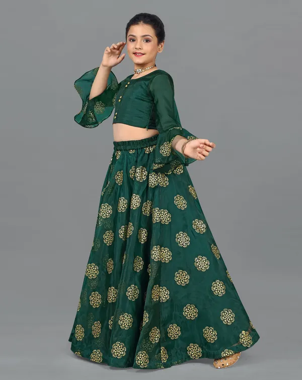 Bottle_Green_Organza_Lather_Foil_Printed_Readymade_Lehenga_Choli_For_Girls