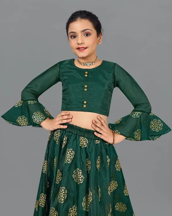 Bottle_Green_Organza_Lather_Foil_Printed_Readymade_Lehenga_Choli_For_Girls
