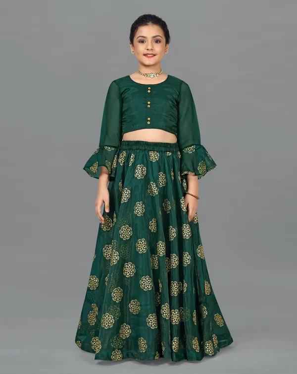 Bottle_Green_Organza_Lather_Foil_Printed_Readymade_Lehenga_Choli_For_Girls